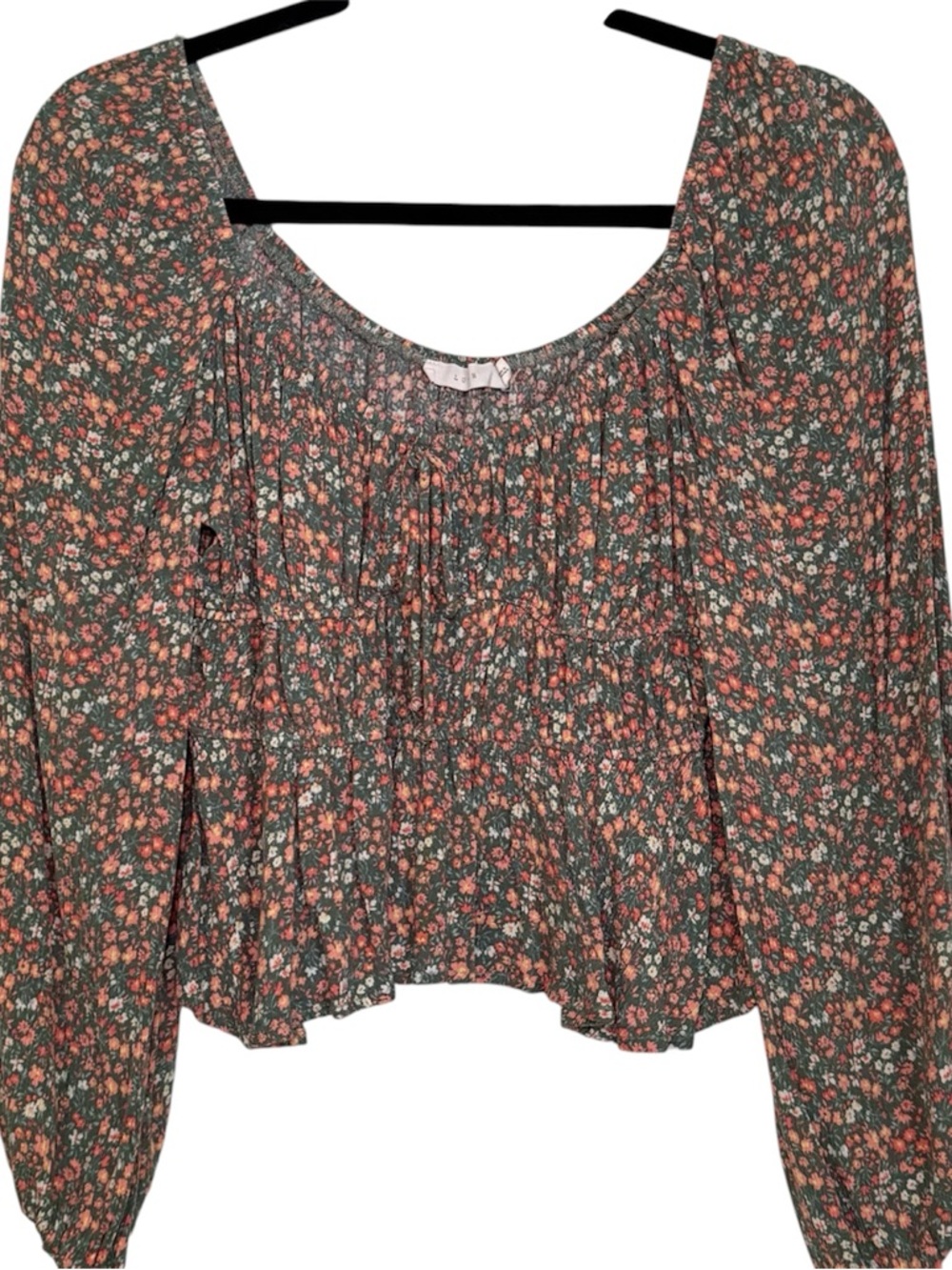 Lush‎ Green Floral Peasant Blouse with Coral Accents